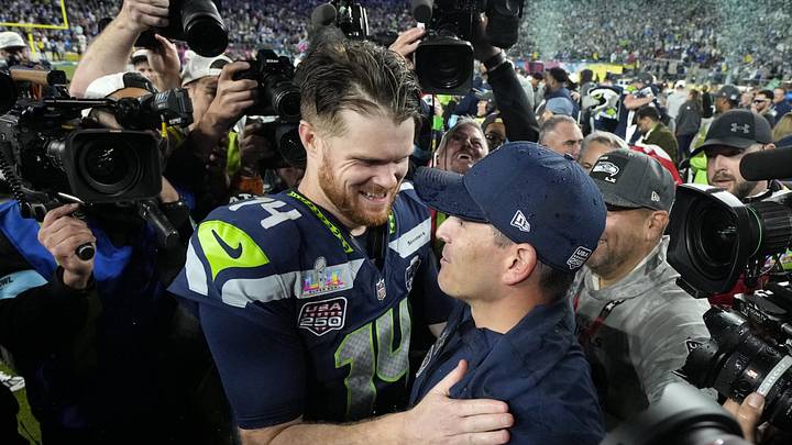Feb 8, 2026; Santa Clara, CA, USA;  Seattle Seahawks head coach Mike MacDonald celebrates with quarterback Sam Darnold (14) after defeating the New England Patriots in Super Bowl LX at Levi's Stadium. Mandatory Credit: Kyle Terada-Imagn Images