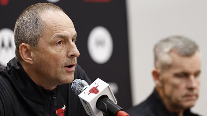 Sep 30, 2024; Chicago, Il, USA; Chicago Bulls vice president of basketball operations Arturas Karnisovas speaks during Chicago Bulls Media Day. Mandatory Credit: Kamil Krzaczynski-Imagn Images