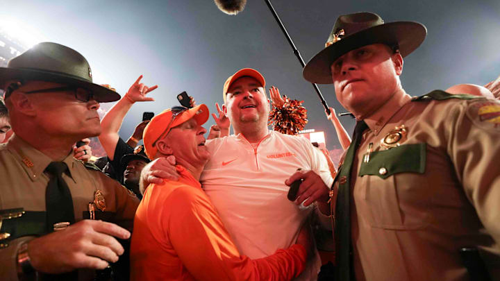 Josh Heupel exits the field after winning a game between Tennessee and Alabama at Neyland Stadium in Knoxville, Tenn., Saturday, Oct. 19, 2024. (Amidst the chaos of the field storming I realized I could get in the line of Heupel coming off the field. It's hard to get a coach shot during a field storming so I was glad to be in the right place at the right time.)