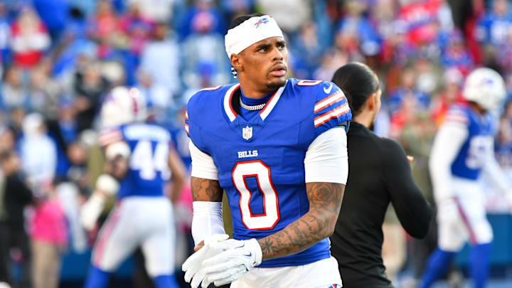 Nov 2, 2025; Orchard Park, New York, USA; Buffalo Bills wide receiver Keon Coleman (0) warms up before the game against the Kansas City Chiefs at Highmark Stadium. 