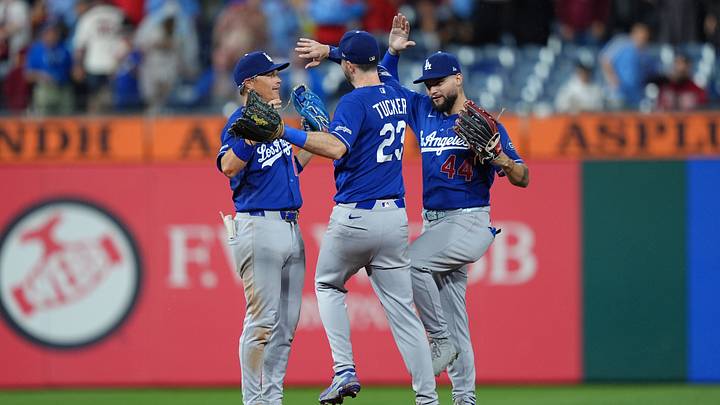 Jul 21, 2026; Philadelphia, Pennsylvania, USA; Los Angeles Dodgers outfielder Alex Call (12), outfielder Kyle Tucker (23), and outfielder Andy Pages (44) react after the game against the Philadelphia Phillies at Citizens Bank Park. Mandatory Credit: Kyle Ross-Imagn Images