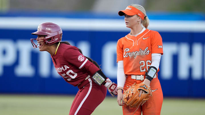 Oklahoma's Ailana Agbayani celebrates a double against Oklahoma State in 2025.