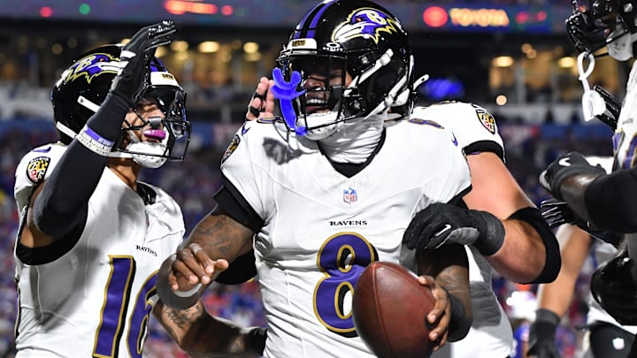 Sep 7, 2025; Orchard Park, New York, USA; Baltimore Ravens quarterback Lamar Jackson (8) celebrates with wide receiver Tylan Wallace (16) after a touchdown against the Buffalo Bills during the first half at Highmark Stadium. Mandatory Credit: Mark Konezny-Imagn Images Sep 7, 2025; Orchard Park, New York, USA; Baltimore Ravens quarterback Lamar Jackson (8) celebrates with wide receiver Tylan Wallace (16) after a touchdown against the Buffalo Bills during the first half at Highmark Stadium. Mandatory Credit: Mark Konezny-Imagn Images