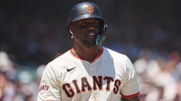 Jun 15, 2024; San Francisco, California, USA; San Francisco Giants designated hitter Jorge Soler (2) stands in the batters box during an at bat against the Los Angeles Angels during the third inning at Oracle Park