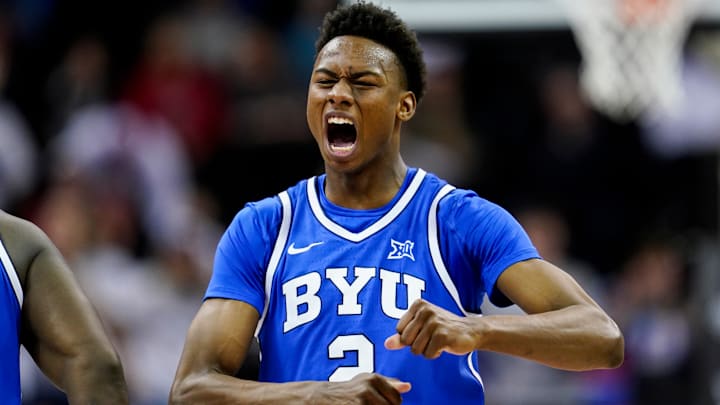 Jaxson Robinson celebrates as BYU takes on Texas Tech in the Big 12 tournament