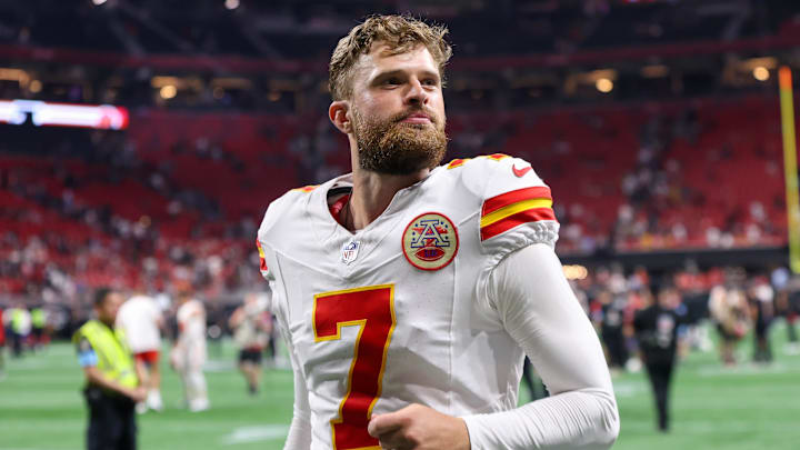 Sep 22, 2024; Atlanta, Georgia, USA; Kansas City Chiefs place kicker Harrison Butker (7) runs off the field after a victory over the Atlanta Falcons at Mercedes-Benz Stadium. Mandatory Credit: Brett Davis-Imagn Images