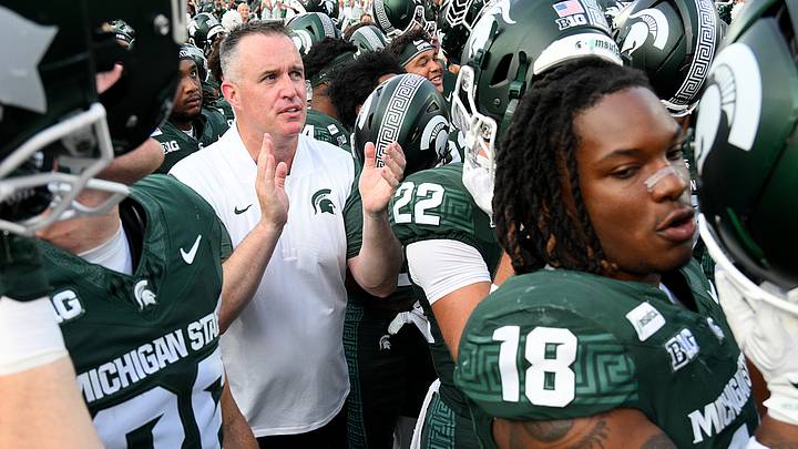 Sep 12, 2026; East Lansing, Michigan, USA;  Michigan State Spartans head coach Pat Fitzgerald sings the fight song with his team after their win over Eastern Michigan at Spartan Stadium.  Mandatory Credit: Dale Young-Imagn Images