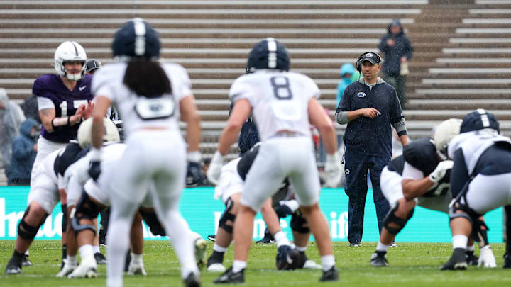 Penn State Nittany Lions head coach Matt Campbell looks on from behind the line of scrimmage during the Blue-White Spring game at Beaver Stadium. 