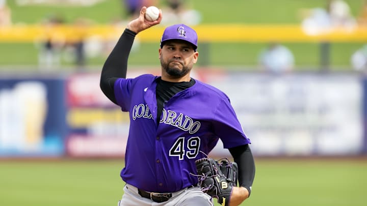 Peoria, Arizona, USA; Colorado Rockies pitcher Antonio Senzatela against the San Diego Padres during a spring training game at Peoria Sports Complex. Peoria, Arizona, USA; Colorado Rockies pitcher Antonio Senzatela against the San Diego Padres during a spring training game at Peoria Sports Complex.