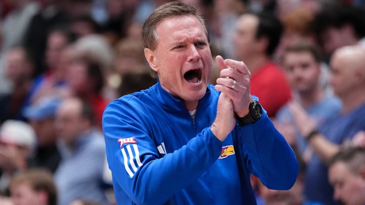 Feb 23, 2026; Lawrence, Kansas, USA; Kansas Jayhawks head coach Bill Self reacts in the final seconds of the game against the Houston Cougars during the second half of the game at Allen Fieldhouse. Mandatory Credit: Denny Medley-Imagn Images