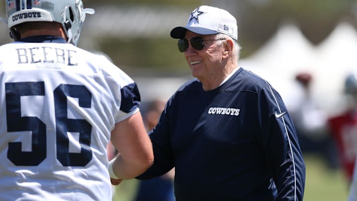 Jul 26, 2024; Oxnard, CA, USA; Dallas Cowboys owner Jerry Jones during training camp at the River Ridge Playing Fields in Oxnard, California. Jul 26, 2024; Oxnard, CA, USA; Dallas Cowboys owner Jerry Jones during training camp at the River Ridge Playing Fields in Oxnard, California.