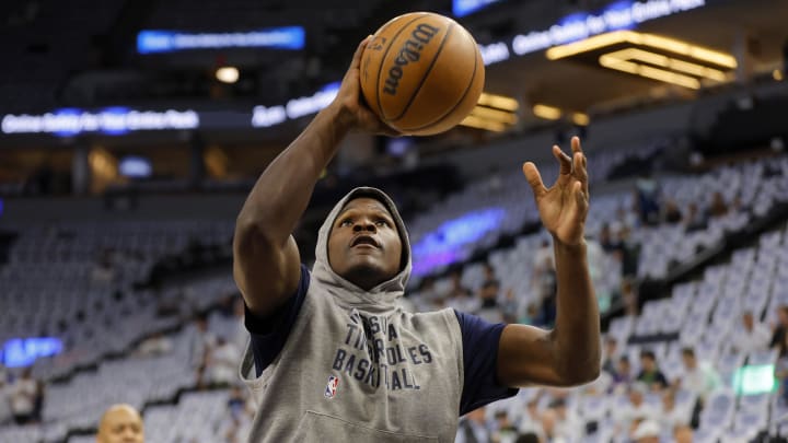 May 30, 2024; Minneapolis, Minnesota, USA; Minnesota Timberwolves guard Anthony Edwards (5) warms up before game five of the western conference finals for the 2024 NBA playoffs against the Dallas Mavericks at Target Center. Mandatory Credit: Bruce Kluckhohn-USA TODAY Sports May 30, 2024; Minneapolis, Minnesota, USA; Minnesota Timberwolves guard Anthony Edwards (5) warms up before game five of the western conference finals for the 2024 NBA playoffs against the Dallas Mavericks at Target Center. Mandatory Credit: Bruce Kluckhohn-USA TODAY Sports