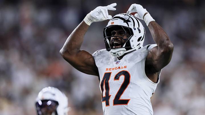 Oct 16, 2025; Cincinnati, Ohio, USA; Cincinnati Bengals linebacker Oren Burks (42) reacts against the Pittsburgh Steelers during the fourth quarter at Paycor Stadium. Mandatory Credit: Katie Stratman-Imagn Images