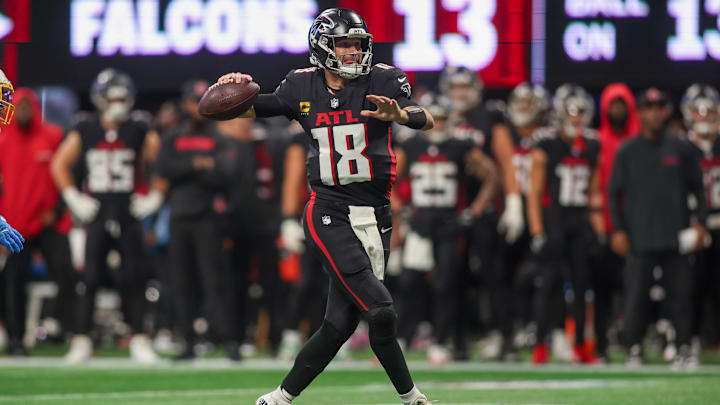 Dec 1, 2024; Atlanta, Georgia, USA; Atlanta Falcons quarterback Kirk Cousins (18) throws a pass against the Los Angeles Chargers in the fourth quarter at Mercedes-Benz Stadium. Mandatory Credit: Brett Davis-Imagn Images
