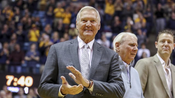 Feb 2, 2019; Morgantown, WV, USA; Former West Virginia Mountaineers player Jerry West is honored at halftime at WVU Coliseum. Mandatory Credit: Feb 2, 2019; Morgantown, WV, USA; Former West Virginia Mountaineers player Jerry West is honored at halftime at WVU Coliseum. Mandatory Credit: