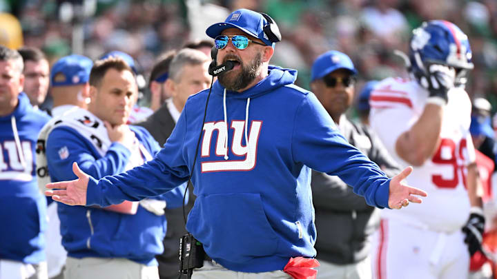 Oct 26, 2025; Philadelphia, Pennsylvania, USA; New York Giants head coach Brian Daboll reacts in the second quarter against the Philadelphia Eagles at Lincoln Financial Field. Oct 26, 2025; Philadelphia, Pennsylvania, USA; New York Giants head coach Brian Daboll reacts in the second quarter against the Philadelphia Eagles at Lincoln Financial Field.