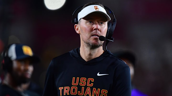 Nov 7, 2025; Los Angeles, California, USA; Southern California Trojans head coach Lincoln Riley watches game action against the Northwestern Wildcats during the second half at the Los Angeles Memorial Coliseum. Mandatory Credit: Gary A. Vasquez-Imagn Images