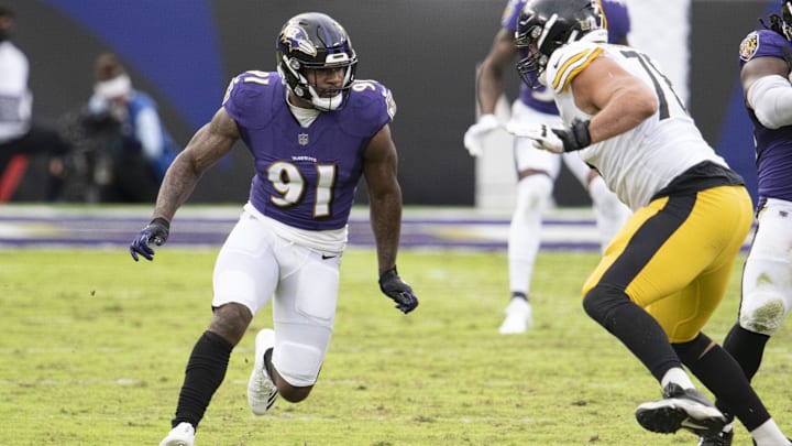 Nov 1, 2020; Baltimore, Maryland, USA; Baltimore Ravens defensive end Yannick Ngakoue (91) rushes during the second half as Pittsburgh Steelers offensive tackle Alejandro Villanueva (78) blocks at M&T Bank Stadium. Mandatory Credit: Tommy Gilligan-Imagn Images