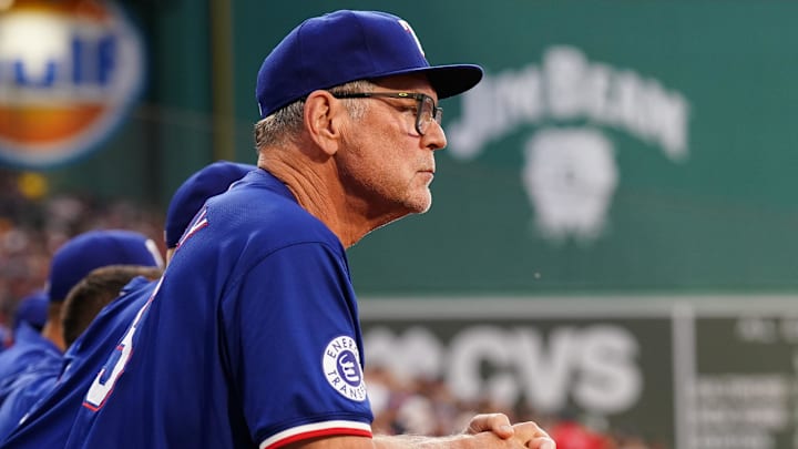 Aug 12, 2024; Boston, Massachusetts, USA; Texas Rangers manager Bruce Bochy (15) before the start of the game against the Boston Red Sox at Fenway Park. Aug 12, 2024; Boston, Massachusetts, USA; Texas Rangers manager Bruce Bochy (15) before the start of the game against the Boston Red Sox at Fenway Park.