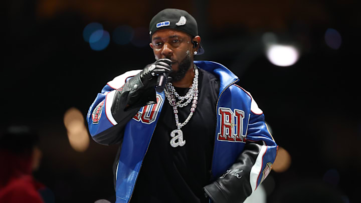 Feb 9, 2025; New Orleans, LA, USA;  Recording artist Kendrick Lamar performs during the halftime show of Super Bowl LIX between the Philadelphia Eagles and the Kansas City Chiefs at Ceasars Superdome. Mandatory Credit: Mark J. Rebilas-Imagn Images