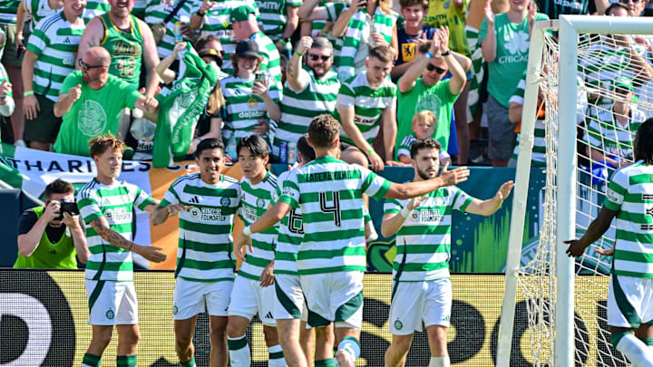 Jul 27, 2024; South Bend, IN, USA; Celtic forward Luis Palma (7) celebrates with teammates after a goal against Chelsea at Notre Dame Stadium. Celtic won 4-1. Mandatory Credit: Matt Cashore-Imagn Images