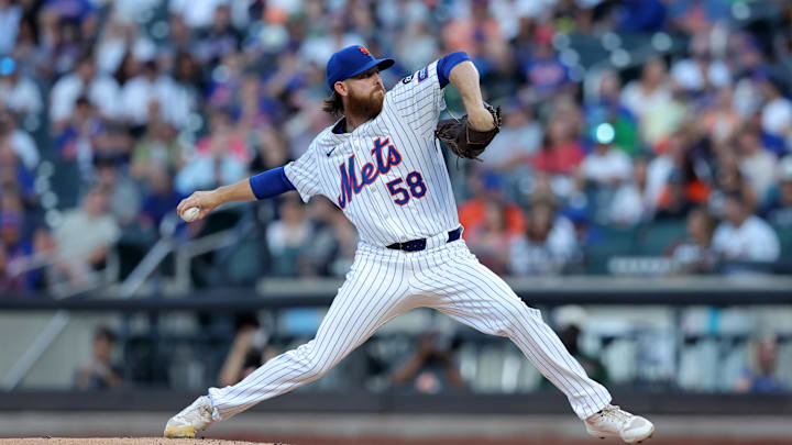 Aug 13, 2024; New York City, New York, USA; New York Mets starting pitcher Paul Blackburn (58) pitches against the Oakland Athletics during the first inning at Citi Field. Mandatory Credit: Brad Penner-Imagn Images