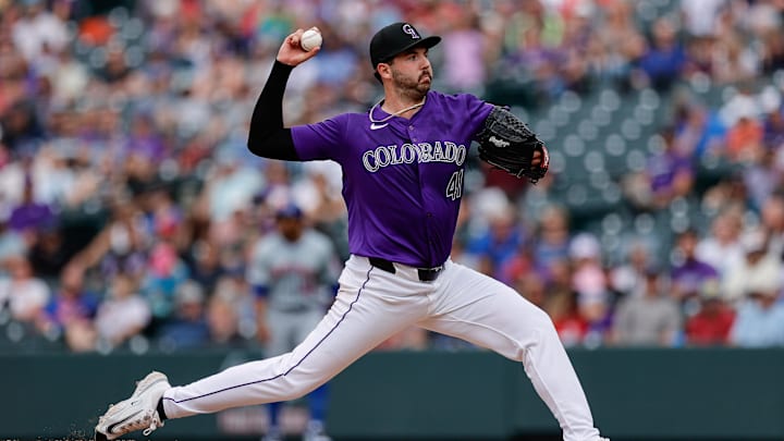 Colorado Rockies relief pitcher Riley Pint (41) pitches in the seventh inning against the New York Mets at Coors Field.