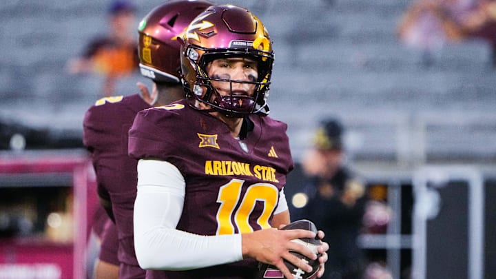Sep 13, 2025; Tempe, Arizona, USA; Arizona State Sun Devils quarterback Sam Leavitt (10) warms-up before a game against Texas State Bobcats at Mountain America Stadium. Mandatory Credit: Arianna Grainey-Imagn Images Sep 13, 2025; Tempe, Arizona, USA; Arizona State Sun Devils quarterback Sam Leavitt (10) warms-up before a game against Texas State Bobcats at Mountain America Stadium. Mandatory Credit: Arianna Grainey-Imagn Images