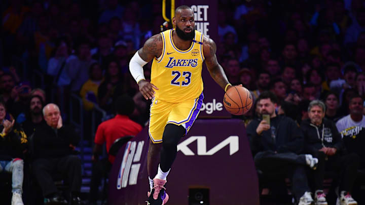 Apr 30, 2025; Los Angeles, California, USA; Los Angeles Lakers forward LeBron James (23) brings the ball up court against the Minnesota Timberwolves during the first half in game five of first round for the 2025 NBA Playoffs at Crypto.com Arena. Mandatory Credit: Gary A. Vasquez-Imagn Images Apr 30, 2025; Los Angeles, California, USA; Los Angeles Lakers forward LeBron James (23) brings the ball up court against the Minnesota Timberwolves during the first half in game five of first round for the 2025 NBA Playoffs at Crypto.com Arena. Mandatory Credit: Gary A. Vasquez-Imagn Images