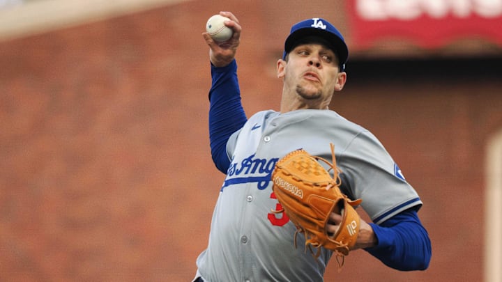 May 14, 2024; San Francisco, California, USA;  Los Angeles Dodgers starting pitcher Gavin Stone (35) pitches against the San Francisco Giants during the first inning at Oracle Park. Mandatory Credit: Kelley L Cox-Imagn Images