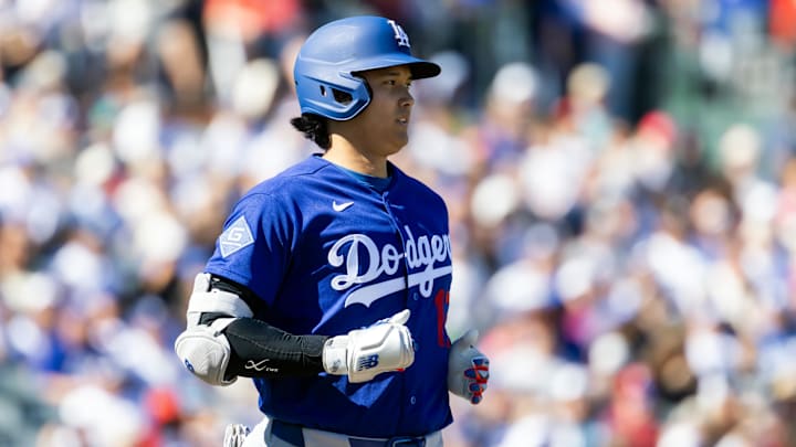 Feb 21, 2026; Tempe, Arizona, USA; Los Angeles Dodgers designated hitter Shohei Ohtani against the Los Angeles Angels during a spring training game at Tempe Diablo Stadium. Feb 21, 2026; Tempe, Arizona, USA; Los Angeles Dodgers designated hitter Shohei Ohtani against the Los Angeles Angels during a spring training game at Tempe Diablo Stadium.