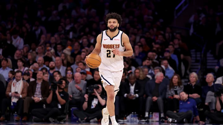 Jan 29, 2025; New York, New York, USA; Denver Nuggets guard Jamal Murray (27) brings the ball up court against the New York Knicks during the fourth quarter at Madison Square Garden. Mandatory Credit: Brad Penner-Imagn Images Jan 29, 2025; New York, New York, USA; Denver Nuggets guard Jamal Murray (27) brings the ball up court against the New York Knicks during the fourth quarter at Madison Square Garden. Mandatory Credit: Brad Penner-Imagn Images