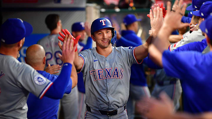 Sep 27, 2024; Anaheim, California, USA; Texas Rangers center fielder Wyatt Langford (36) celebrates after hitting a two run home run against the Los Angeles Angels during the first inning at Angel Stadium. 
