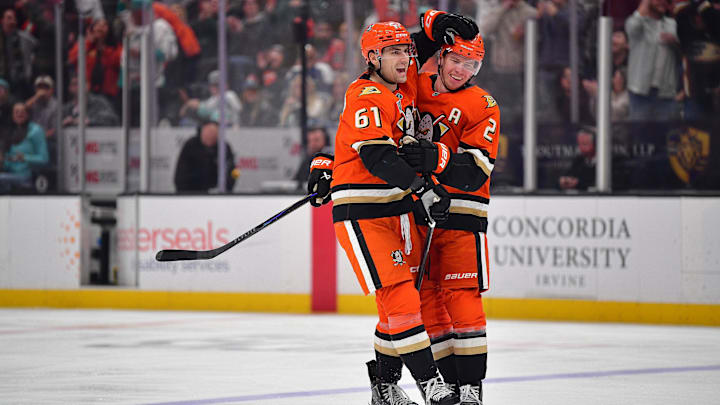 Feb 3, 2026; Anaheim, California, USA; Anaheim Ducks left wing Cutter Gauthier (61) celebrates his goal scored against the Seattle Kraken with defenseman Jackson LaCombe (2) during the second period at Honda Center. Mandatory Credit: Gary A. Vasquez-Imagn Images