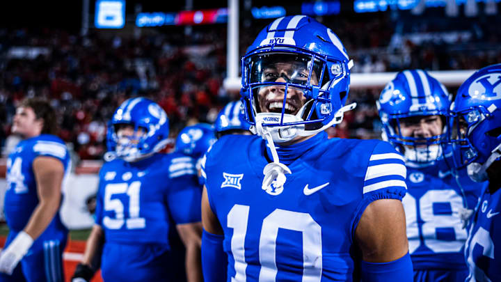 BYU safety Faletau Satuala warms up before the Utah game BYU safety Faletau Satuala warms up before the Utah game