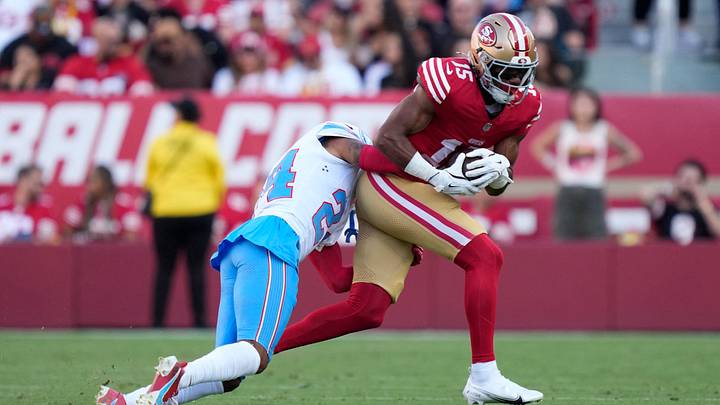 San Francisco 49ers wide receiver De'zhaun Stribling (15) is tackled by Tennessee Titans cornerback Alontae Taylor (24) during the first quarter at Levi's Stadium. San Francisco 49ers wide receiver De'zhaun Stribling (15) is tackled by Tennessee Titans cornerback Alontae Taylor (24) during the first quarter at Levi's Stadium.