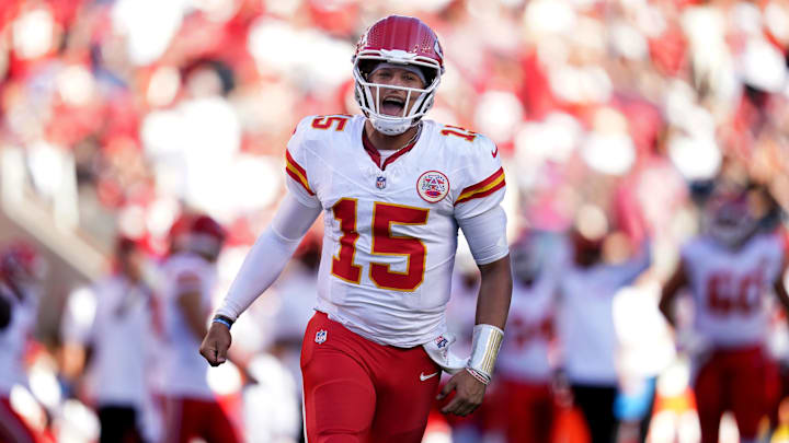 Oct 20, 2024; Santa Clara, California, USA; Kansas City Chiefs quarterback Patrick Mahomes (15) reacts after the Chiefs scored a touchdown against the San Francisco 49ers in the fourth quarter at Levi's Stadium.