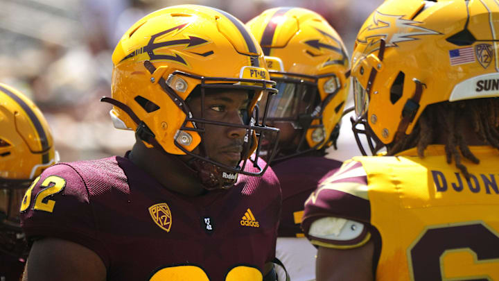 ASU linebacker Travion Brown (82) waits for the start of the Spring Game at Sun Devil Stadium in Tempe on April 15, 2023.

Football Asu Fb