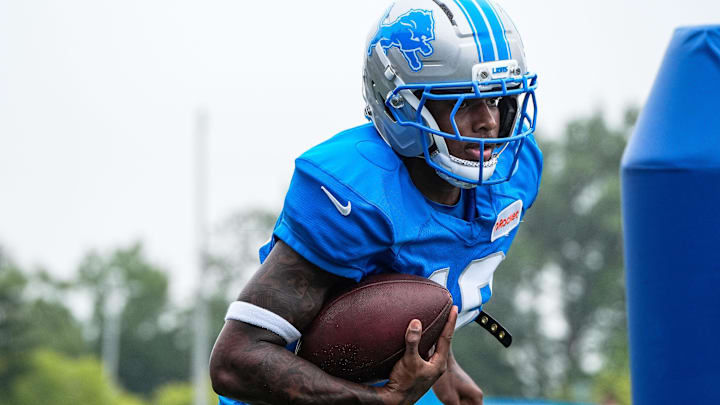 Detroit Lions wide receiver Dominic Lovett (19) practices during training camp at Meijer Performance Center in Allen Park on Saturday, July 26, 2025.