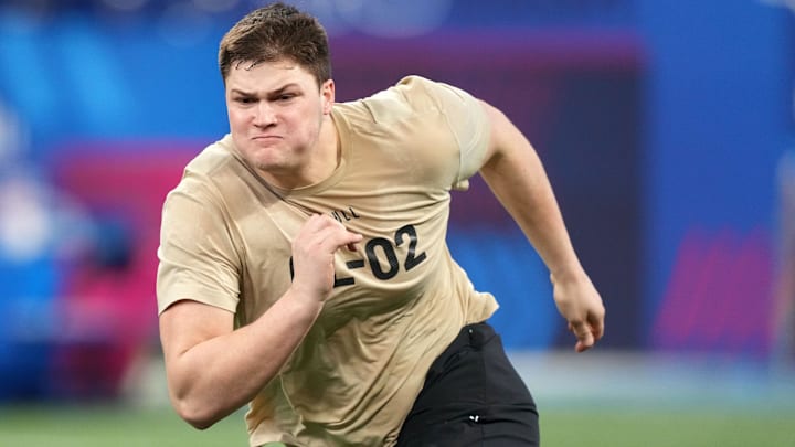 Mar 3, 2024; Indianapolis, IN, USA; Notre Dame offensive lineman Joe Alt (OL02) during the 2024 NFL