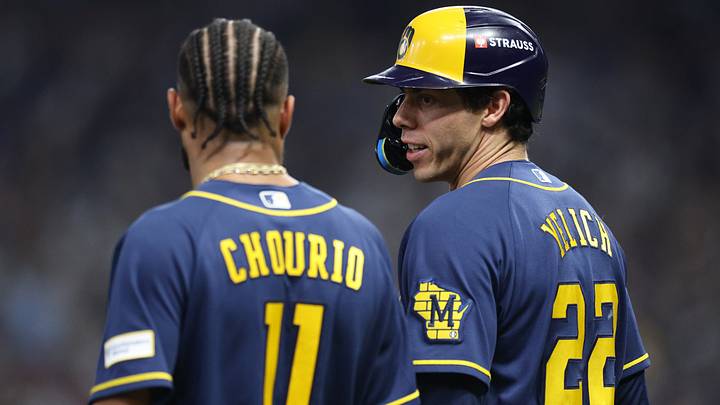 Oct 26, 2026; St. Petersburg, Florida, USA;  Milwaukee Brewers designated hitter Christian Yelich (22) and outfielder Jackson Chourio (11) look on during the fifth inning against the Tampa Bay Rays in game three of the 2026 World Series at Tropicana Field.  Mandatory Credit: Nathan Ray Seebeck-Imagn Images