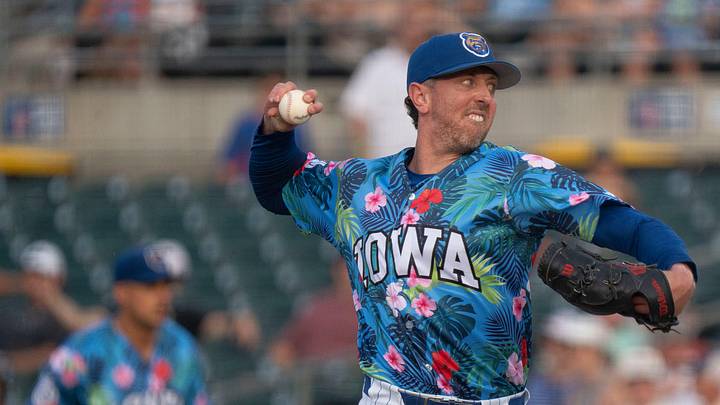 Iowa Cubs' Brooks Kriske pitches during a game at Principal Park on June 14, 2025, in Des Moines.