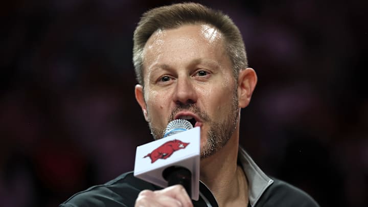 Arkansas Razorbacks new coach Ryan Silverfield speaks to the crowd during halftime against the Louisville Cardinals at Bud Walton Arena. Arkansas Razorbacks new coach Ryan Silverfield speaks to the crowd during halftime against the Louisville Cardinals at Bud Walton Arena.