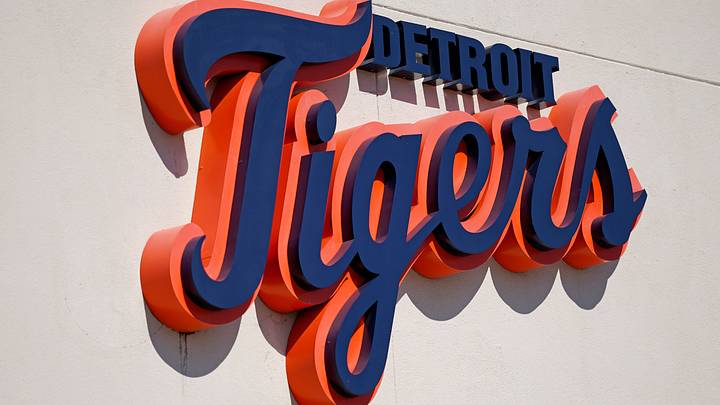 A general view of the Detroit Tigers script logo. A general view of the Detroit Tigers script logo.