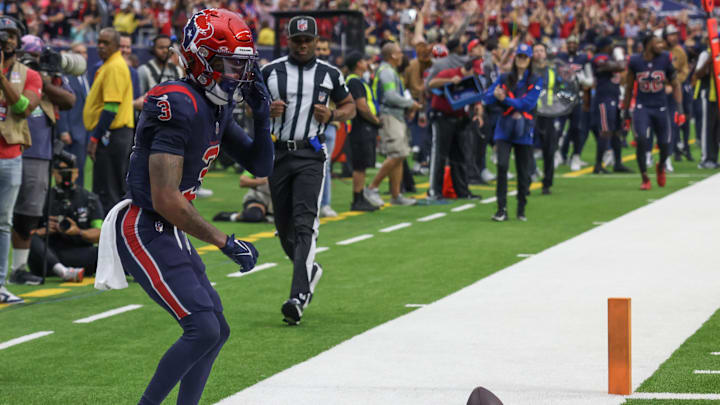 Nov 19, 2023; Houston, Texas, USA; Houston Texans wide receiver Tank Dell (3) celebrates his Nov 19, 2023; Houston, Texas, USA; Houston Texans wide receiver Tank Dell (3) celebrates his