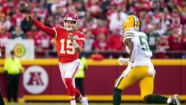 Nov 7, 2021; Kansas City, Missouri, USA; Kansas City Chiefs quarterback Patrick Mahomes (15) throws