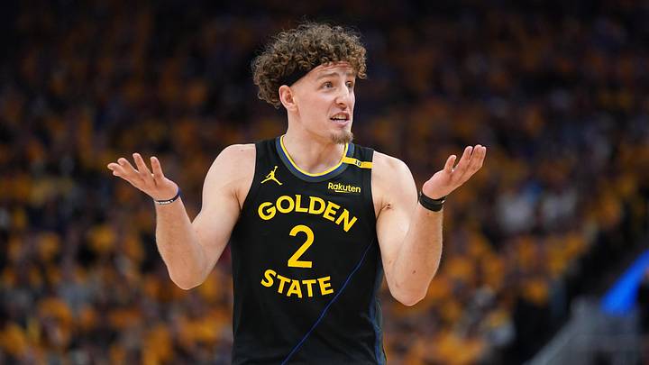May 2, 2025; San Francisco, California, USA; Golden State Warriors guard Brandin Podziemski (2) reacts after a play against the Houston Rockets in the third quarter of game six of the first round for the 2025 NBA Playoffs at Chase Center. Mandatory Credit: Cary Edmondson-Imagn Images