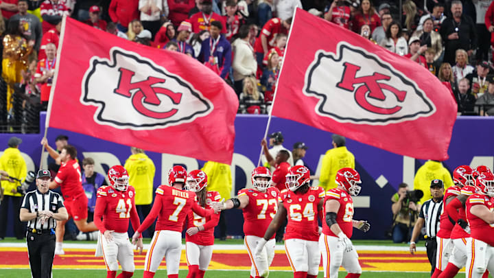 Feb 11, 2024; Paradise, Nevada, USA; Kansas City Chiefs place kicker Harrison Butker (7) celebrates after a successful field goal against the San Francisco 49ers in the second half in Super Bowl LVIII at Allegiant Stadium. Mandatory Credit: Stephen R. Sylvanie-USA TODAY Sports