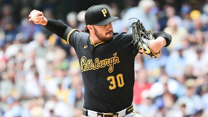 Jun 25, 2025; Milwaukee, Wisconsin, USA;  Pittsburgh Pirates starting pitcher Paul Skenes (30) throws a pitch in the first inning against the Milwaukee Brewers at American Family Field. Mandatory Credit: Benny Sieu-Imagn Images