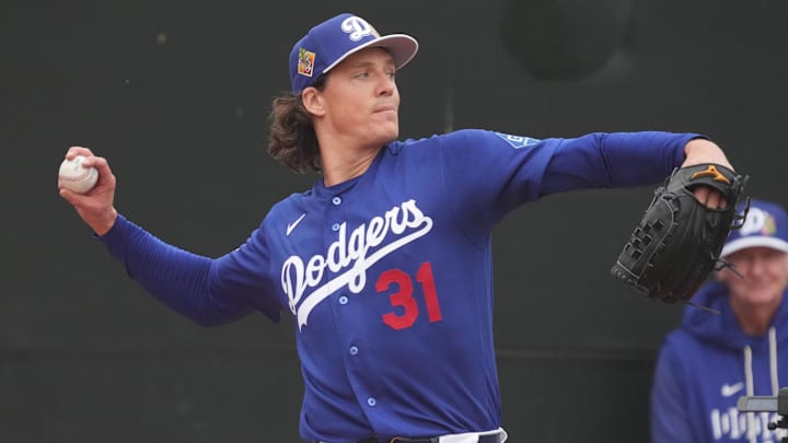 Feb 13, 2026; Glendale, AZ, USA; Los Angeles Dodgers pitcher Tyler Glasnow (31) throws in the bullpen during spring training camp. Mandatory Credit: Rick Scuteri-Imagn Images
